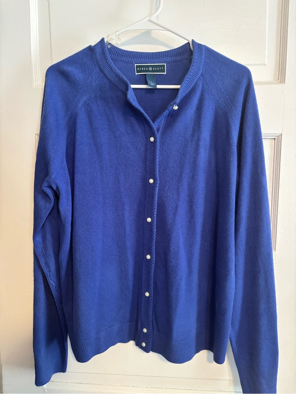 Karen Scott Cobalt Blue Crewneck Cardigan with Pearl Buttons